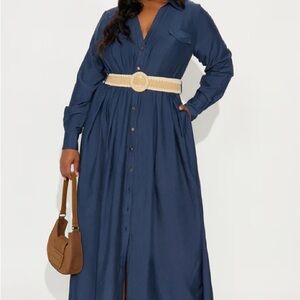 Fashion Nova Laurel Linen Long Sleeve Maxi Shirt Dress - Navy